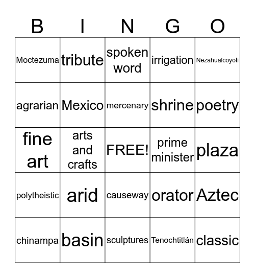 Chapter 9 - The Aztecs Bingo Card