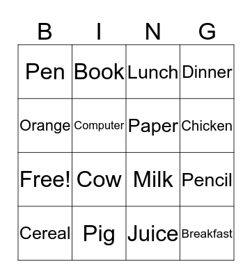 Vocabulary Bingo Card