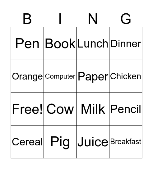 Vocabulary Bingo Card