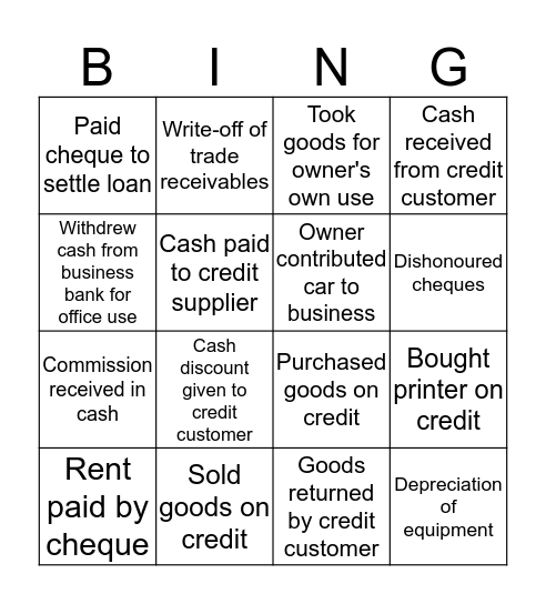 Journal entries Bingo Card