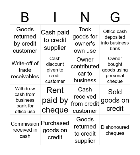 Journal entries Bingo Card