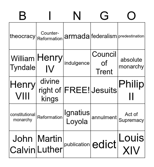 Chapter 18 - The Reformation Bingo Card