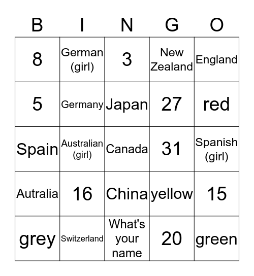 C/tries, #s and colours Bingo Card