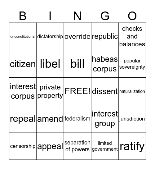 Citizenship Handbook Bingo Card