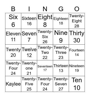 Number Names Bingo Card
