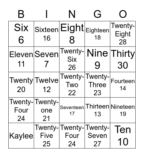 Number Names Bingo Card