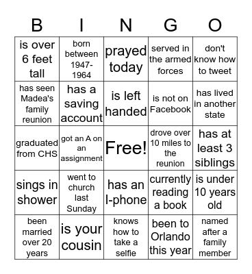 Miles Family Re-Union  Bingo Card