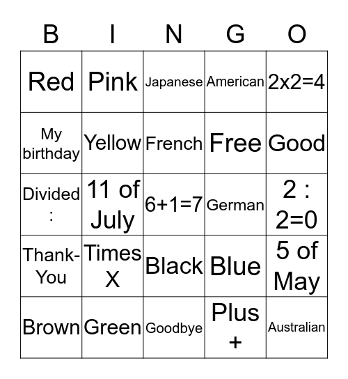 Days of Week and Colors Bingo Card