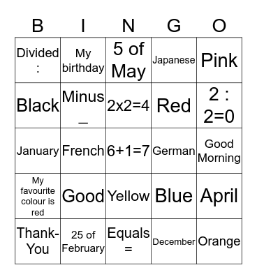 Maths, months, n/lities Bingo Card