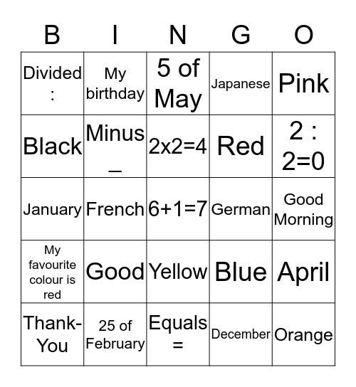 Maths, months, n/lities Bingo Card