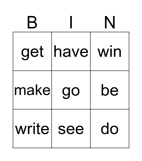 Irregular verbs bingo Card