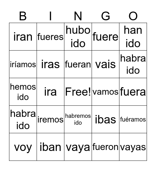 Conjugaciones diversos de verbo ir  Bingo Card