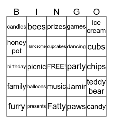 Jamir's Party Bingo Card