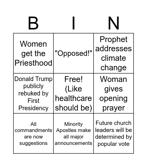 LDS SJW Conference Bingo Card