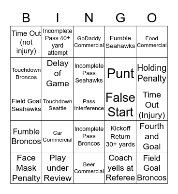 Super Bowl Bingo Card