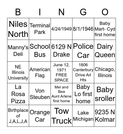 Special Family Memories Bingo Card