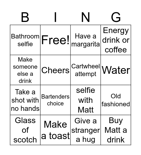 Matt’s Birthday Bingo Card