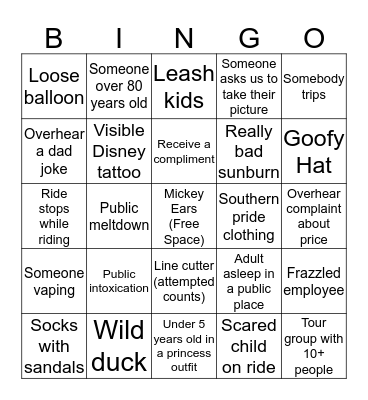 Disney World Bingo Card