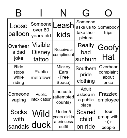 Disney World Bingo Card