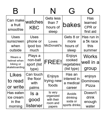 Health Habits Bingo Card