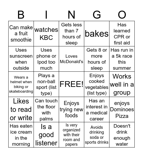 Health Habits Bingo Card