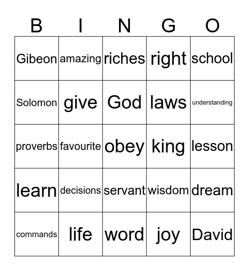 King Solomon's Prayer Bingo Card
