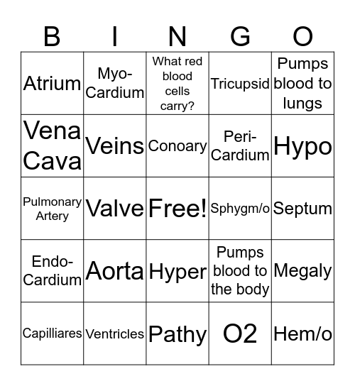 Pathway of Blood Flow BINGO Card