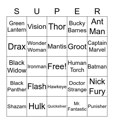 Superhero Bingo Card