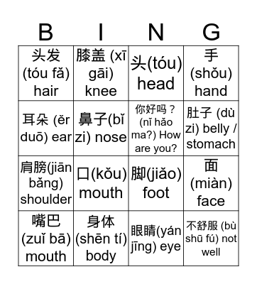 Body Parts Chinese Bingo Card