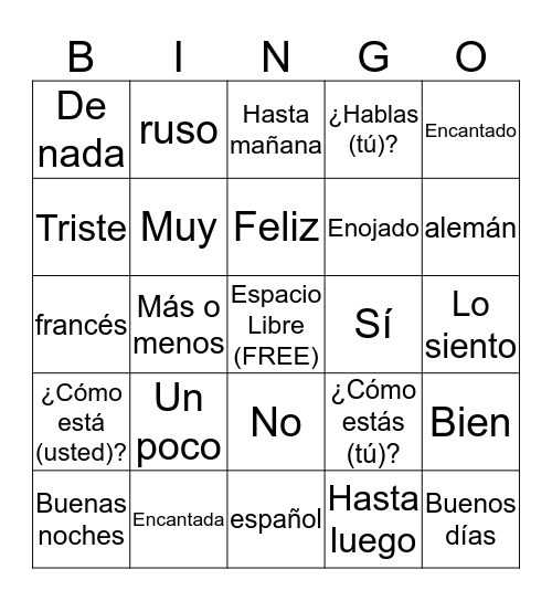 Conversational Spanish Bingo Card