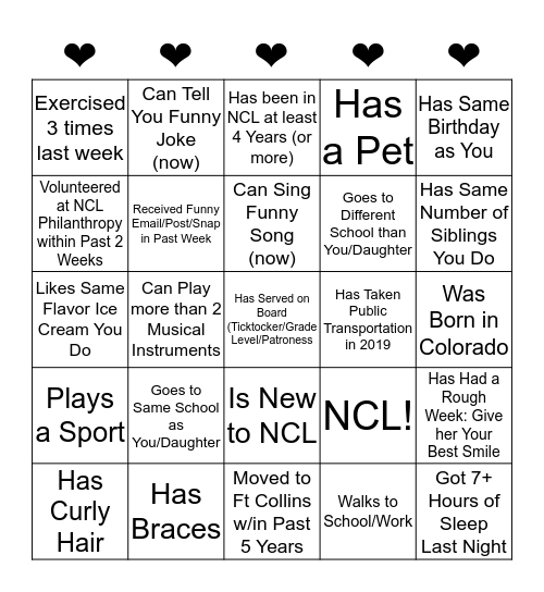 NCL 2019 HUMAN BINGO Card