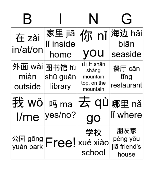 Where Are You/Going? Chinese Buddy Bingo Card