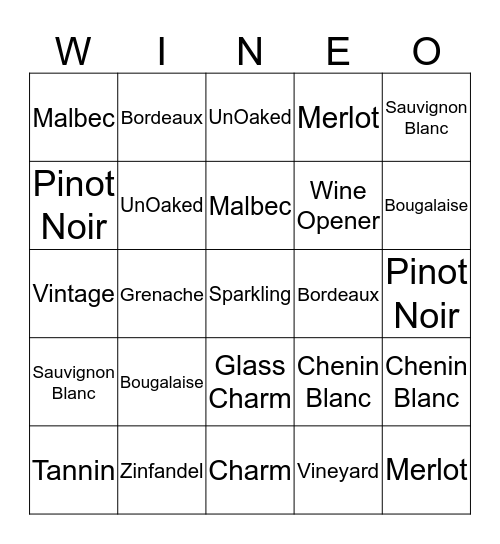WINE BINGO AT THE GRAPE  Bingo Card