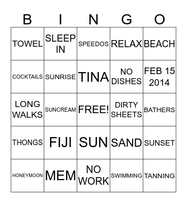 TINA'S HONEYMOON SHOWER Bingo Card