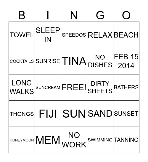 TINA'S HONEYMOON SHOWER Bingo Card