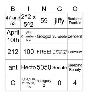 100th Day of School Bingo Card