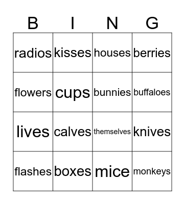 Plurals Bingo Card