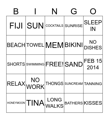 TINA'S HONEYMOON SHOWER Bingo Card