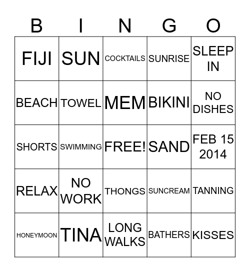 TINA'S HONEYMOON SHOWER Bingo Card