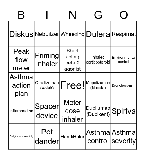 Pulmonary Bingo Card