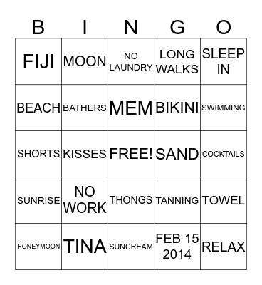 TINA'S HONEYMOON SHOWER Bingo Card