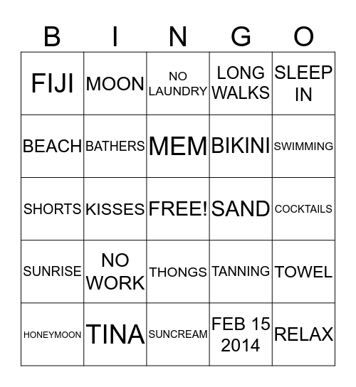 TINA'S HONEYMOON SHOWER Bingo Card