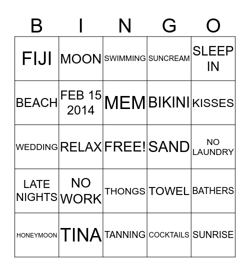 TINA'S HONEYMOON SHOWER Bingo Card