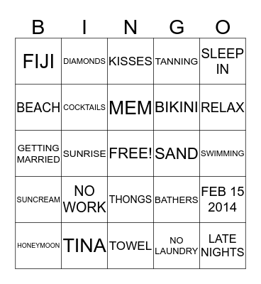 TINA'S HONEYMOON SHOWER Bingo Card