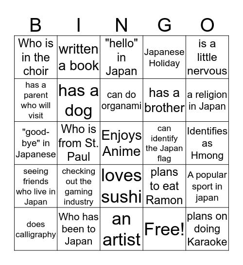 Japan Orientation Bingo Card