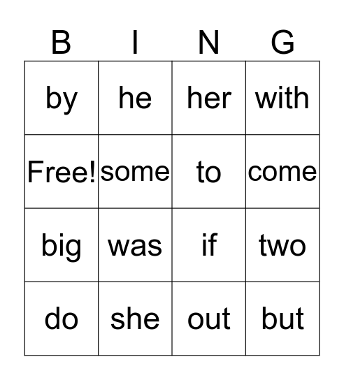 Sight Words Bingo Card