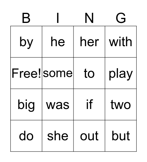Sight Words Bingo Card
