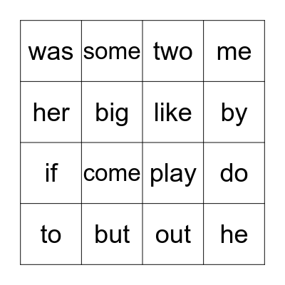 Sight Words Bingo Card