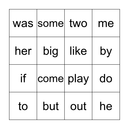 Sight Words Bingo Card