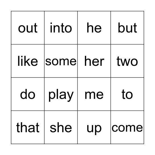 Sight Words Bingo Card